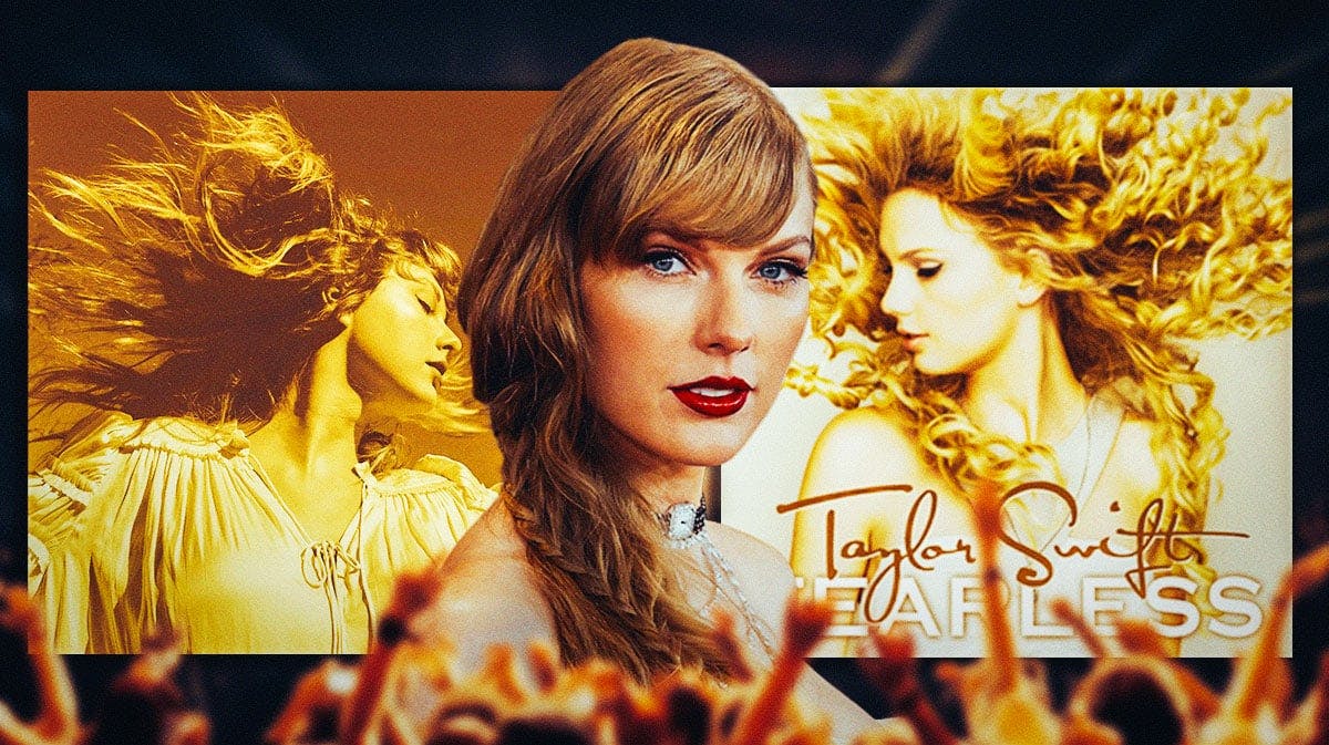 Taylor Swift, who is on the Eras tour, with album covers of Fearless (Taylor's Version) and Fearless.