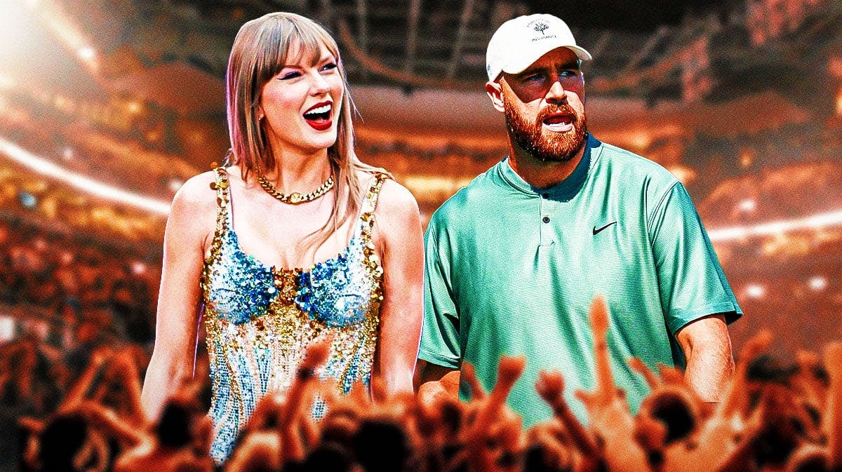 Taylor Swift and Travis Kelce with stadium background.