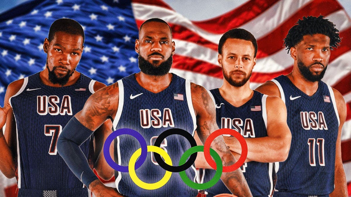 LeBron James, Steph Curry, Kevin Durant, Joel Embiid all together in Team USA jerseys. American flag is the background. Paris Olympics logo in front.