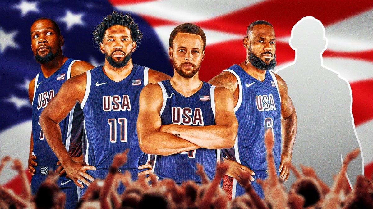 Team USA's Kevin Durant, Joel Embiid, Stepen Curry and LeBron James next to a silhouette of a player