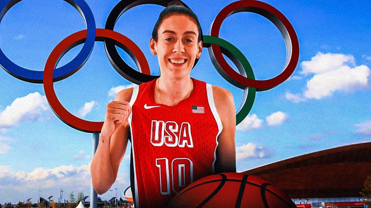 Team USA women’s basketball player Breanna Stewart, in her Team USA jersey, with the Olympic rings