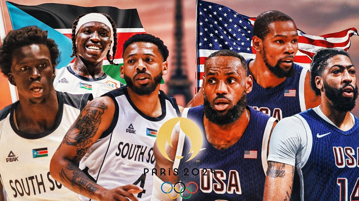 Wenyen Gabriel, JT Thor, Carlik Jones all together on one side of the graphic in South Sudan uniforms. South Sudan flag in the background. On the other side is LeBron James, Kevin Durant, Anthony Davis in Team USA gear. USA flag in background. Paris Olympics logo in front middle.