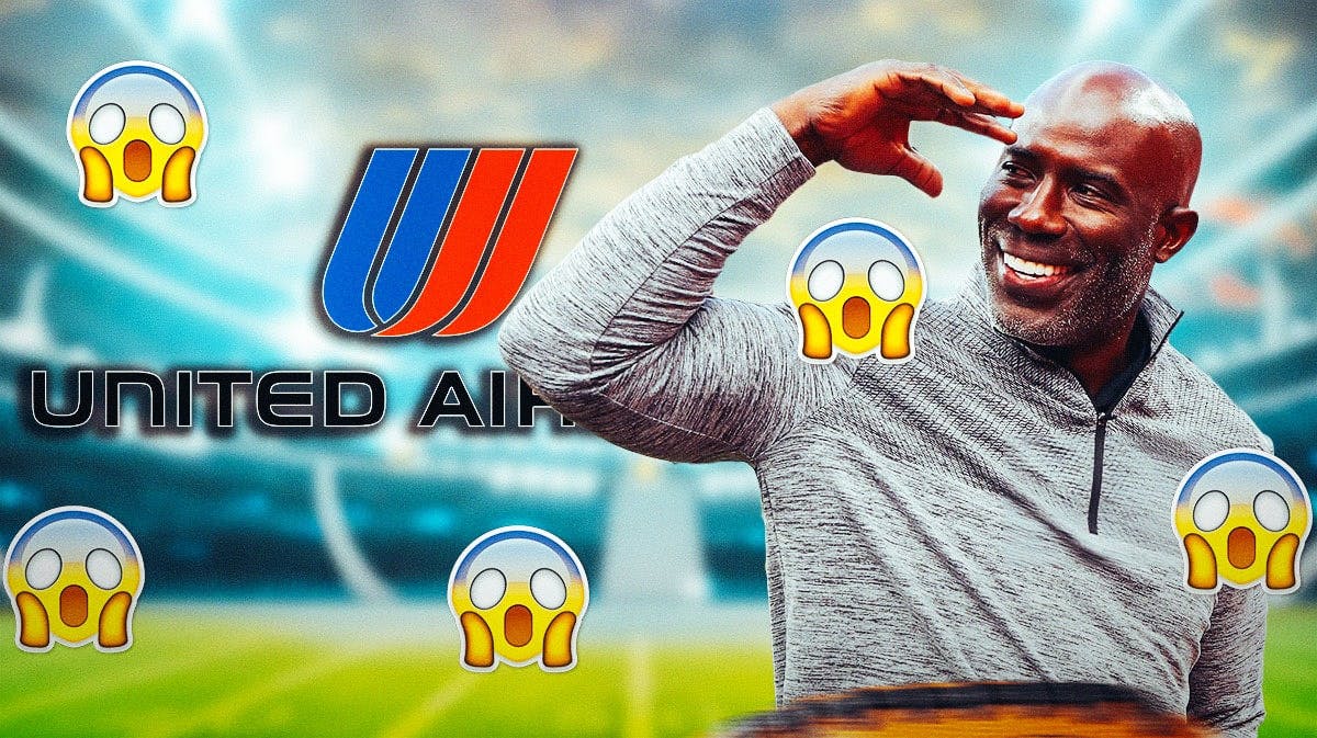 Terrell Davis on one side, the United Airlines logo on the other side, a bunch of shocked emojis in the background