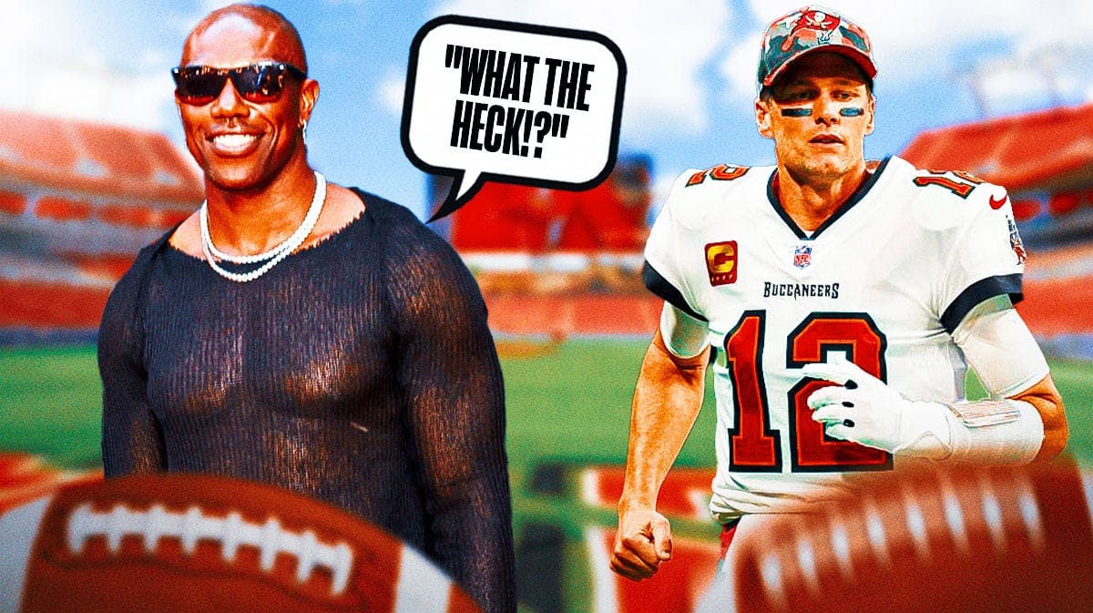 Terrell Owens on one side with a speech bubble that says "What the heck!?" Tom Brady on the other side