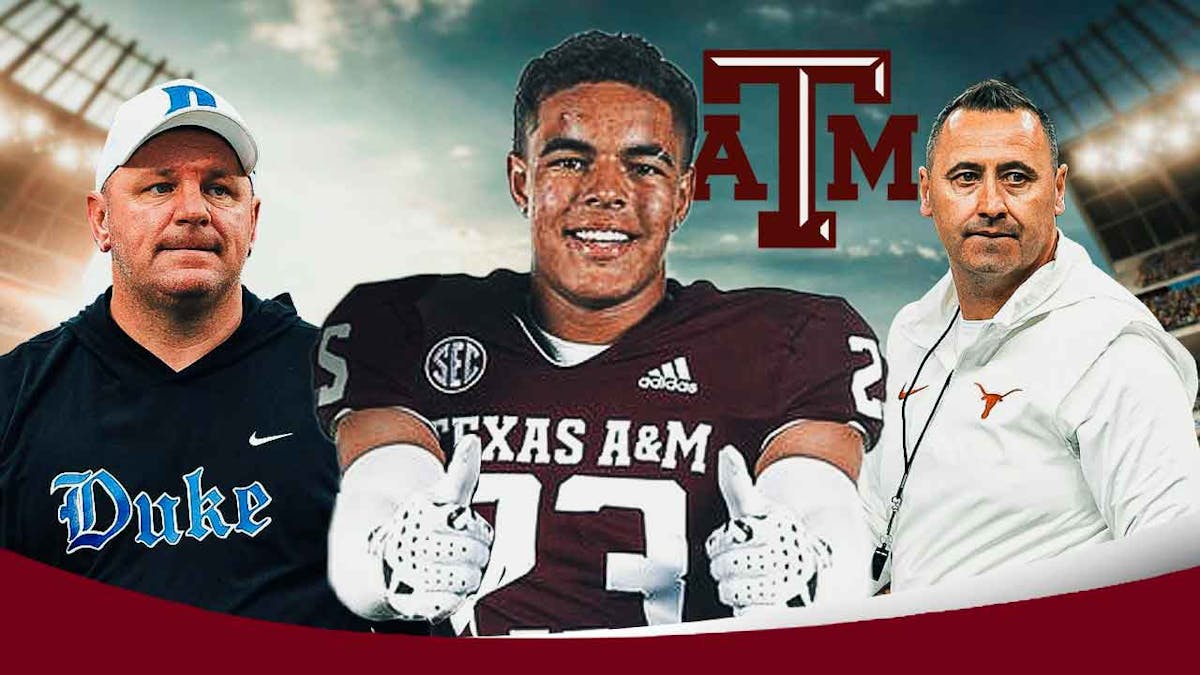 Texas A&M football Mike Elko with new SEC recruit Marco Jones amid intrerest from Texas football