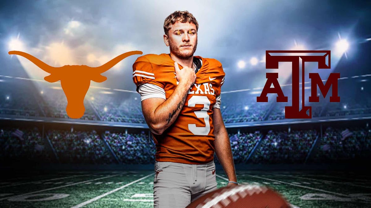 Texas football Quinn Ewers in front with fire in eyes. In background on left, Texas Longhorns football 2024 logo. In background on right, Texas A&M football 2024 logo.