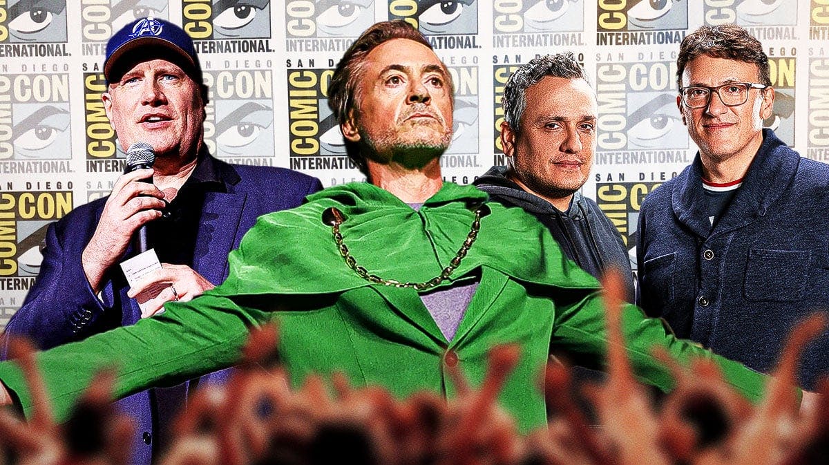 Marvel Studios president Kevin Feige with Robert Downey Jr as Doctor Doom, and Joe and Anthony Russo (the Russo Brothers) in front of San Diego Comic-Con (SDCC) background.