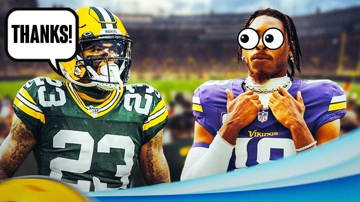Jaire Alexander on one side with a speech bubble that says "Thanks!" Justin Jefferson on the other side with the big eyes emoji over his face