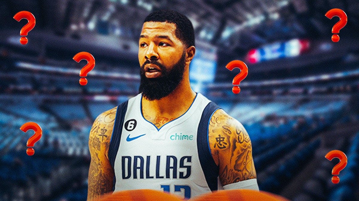 Markieff Morris in a Mavericks uniform in front. Place question marks all around him.
