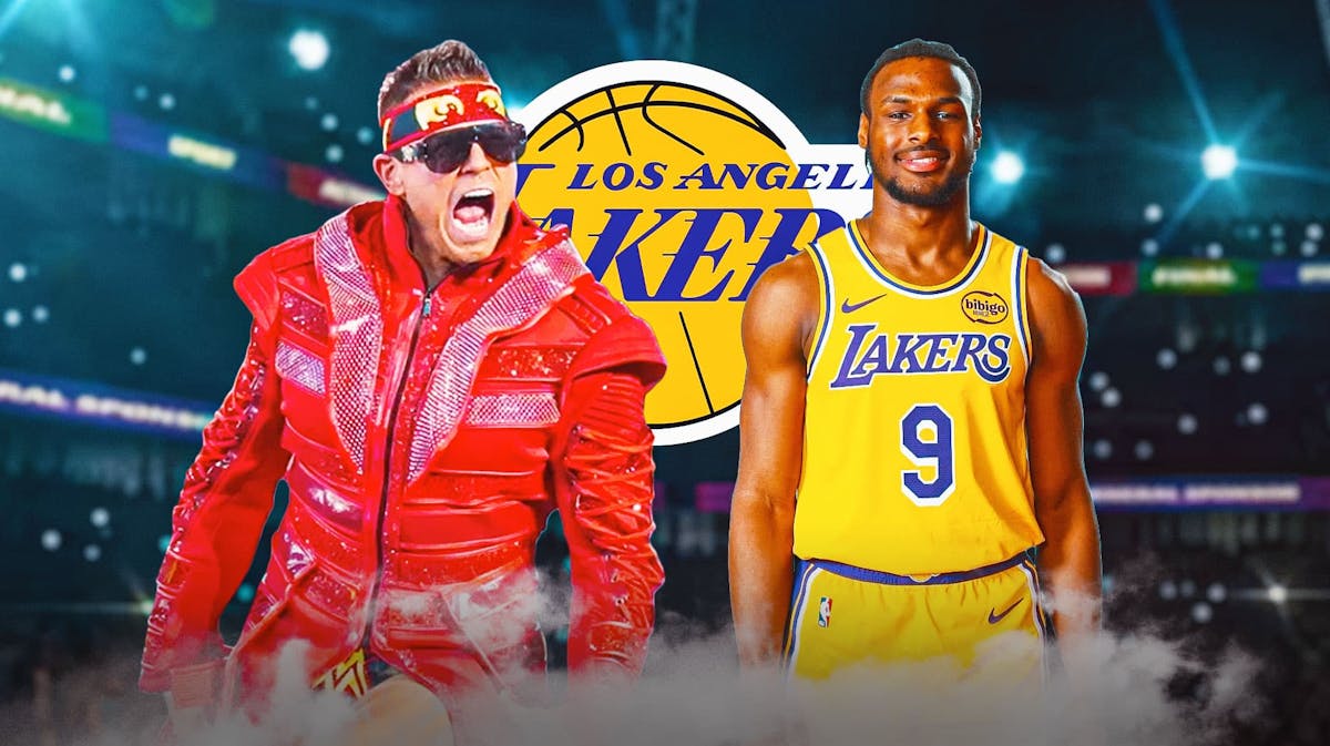 The Miz next to Bronny James with the Lakers logo as the background.