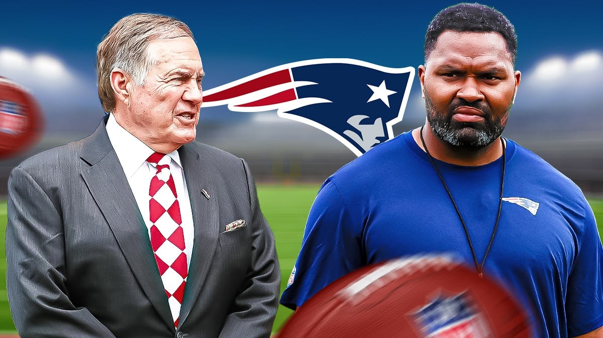 Former Patriots head coach Bill Belichick on left side, New England Patriots logo in Center, current Patriots head coach Jerod Mayo on right side. Gillette Stadium (home stadium of the New England Patriots) in background