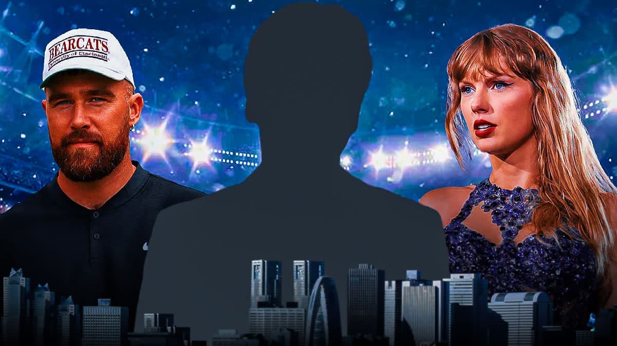 Travis Kelce and Taylor Swift with Bill Maher as a silhouette in between them.
