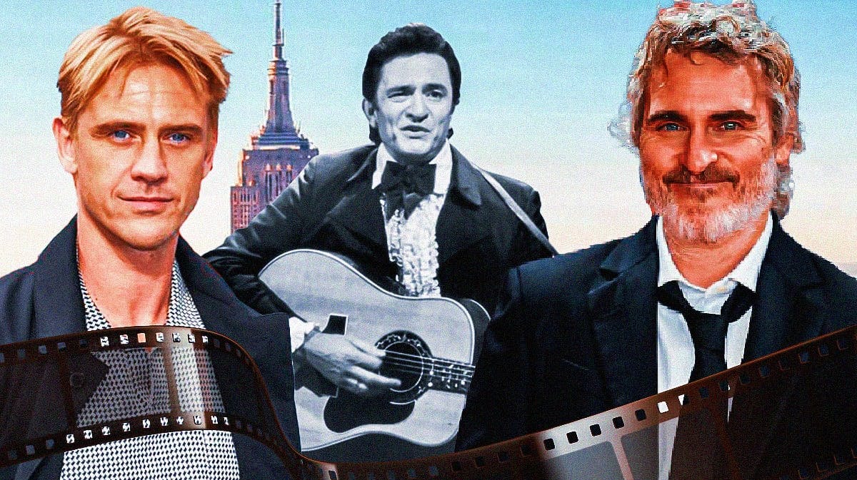 Bob Dylan biopic A Complete Unknown star Boyd Holbrook next to Johnny Cash and Joaquin Phoenix.
