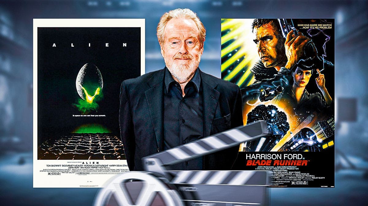 Ridley Scott in between posters of Alien and Blade Runner.