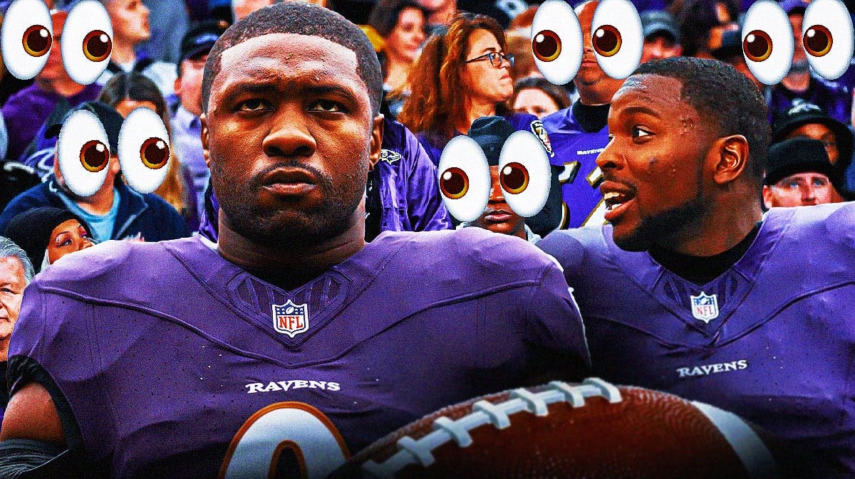 Roquan Smith and Eddie Jackson (In a Baltimore Ravens uniform) on one side, a bunch of Baltimore Ravens fans on the other side with the big eyes emoji around them