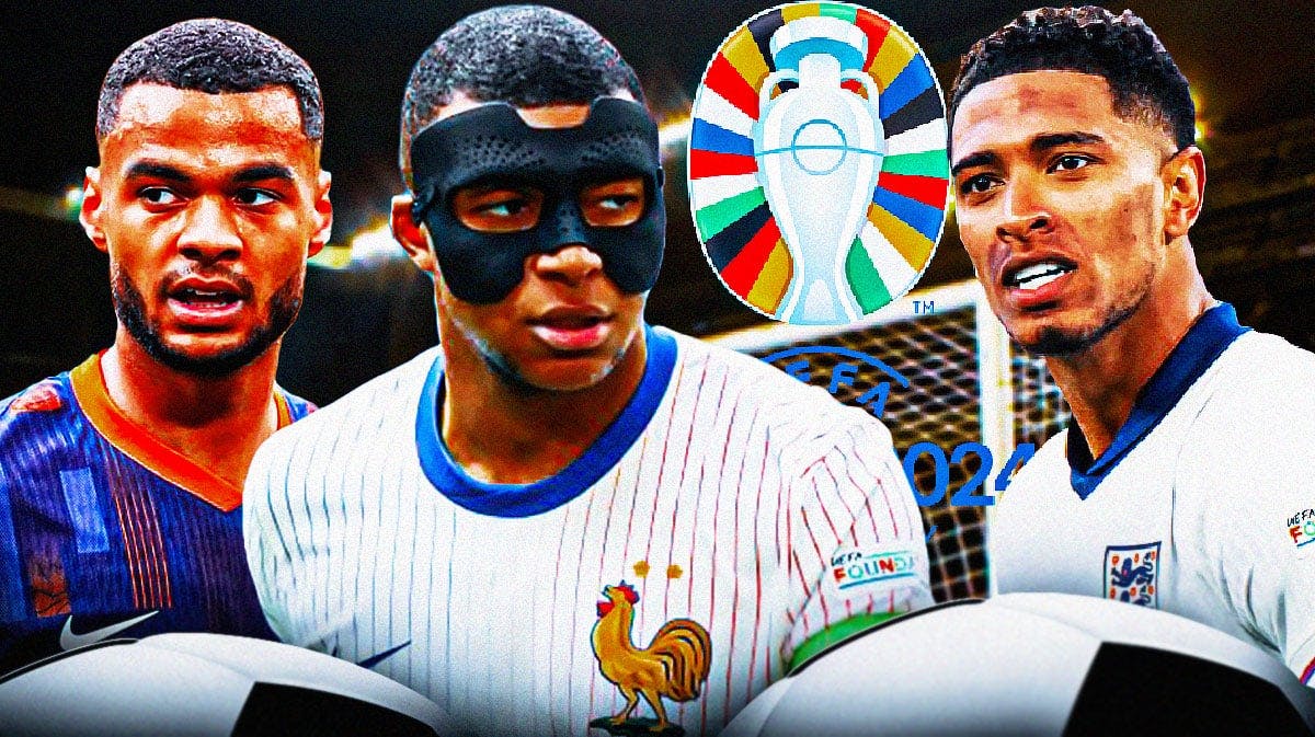 Cody Gakpo, Kylian Mbappe, Jude Bellingham in front of the Euro 2024 logo