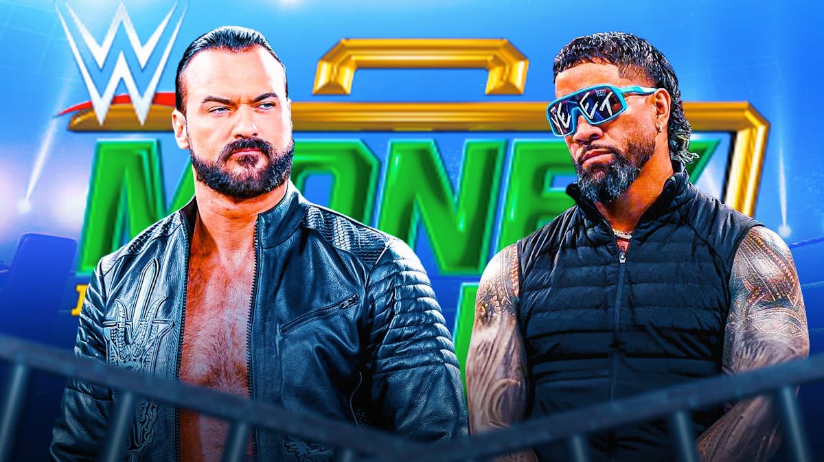Drew McIntyre and Jey Uso with the Money in the Bank logo as the background.