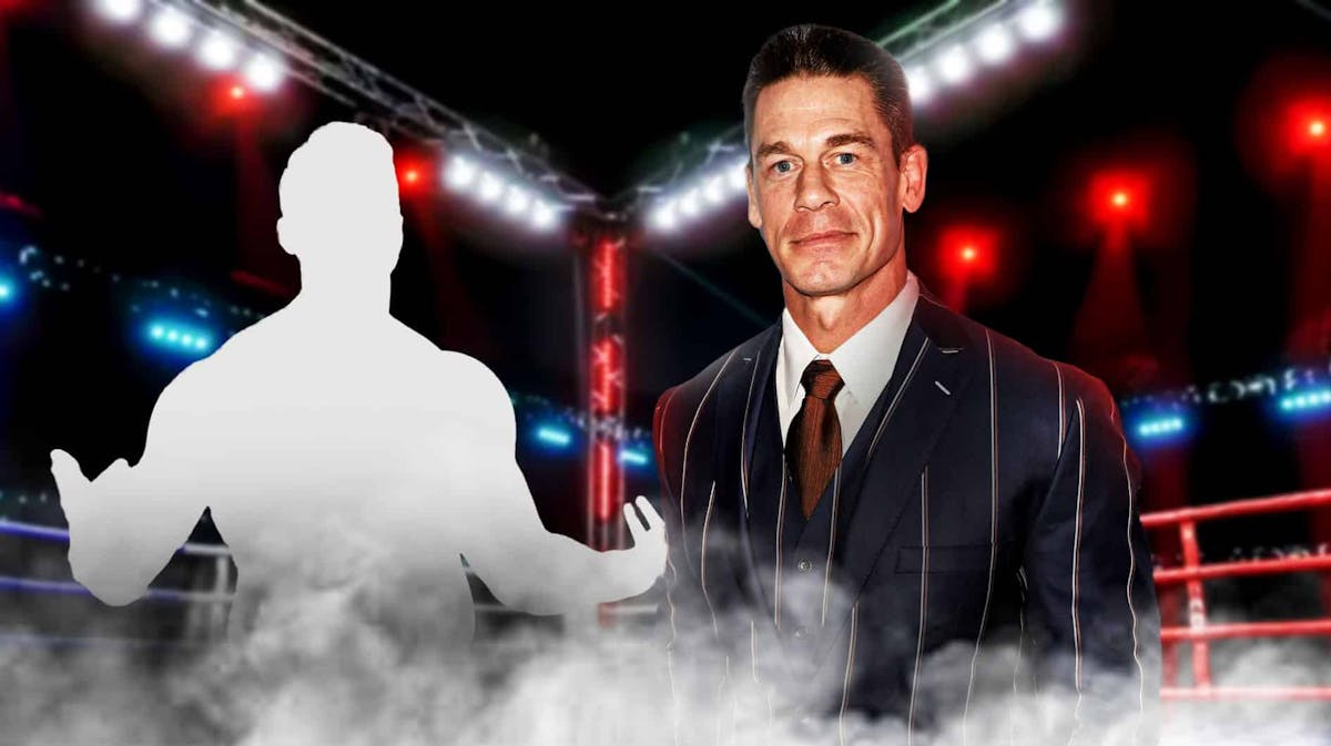 John Cena next to the blacked-out silhouette of Joe Hendry inside a wrestling ring.