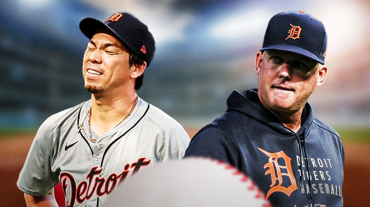 Detroit Tigers manager A.J. Hinch with Kenta Maeda in a Detroit Tigers uniform looking unhappy as the starter has been bad this season and is moving to the bullpen to improve pitching