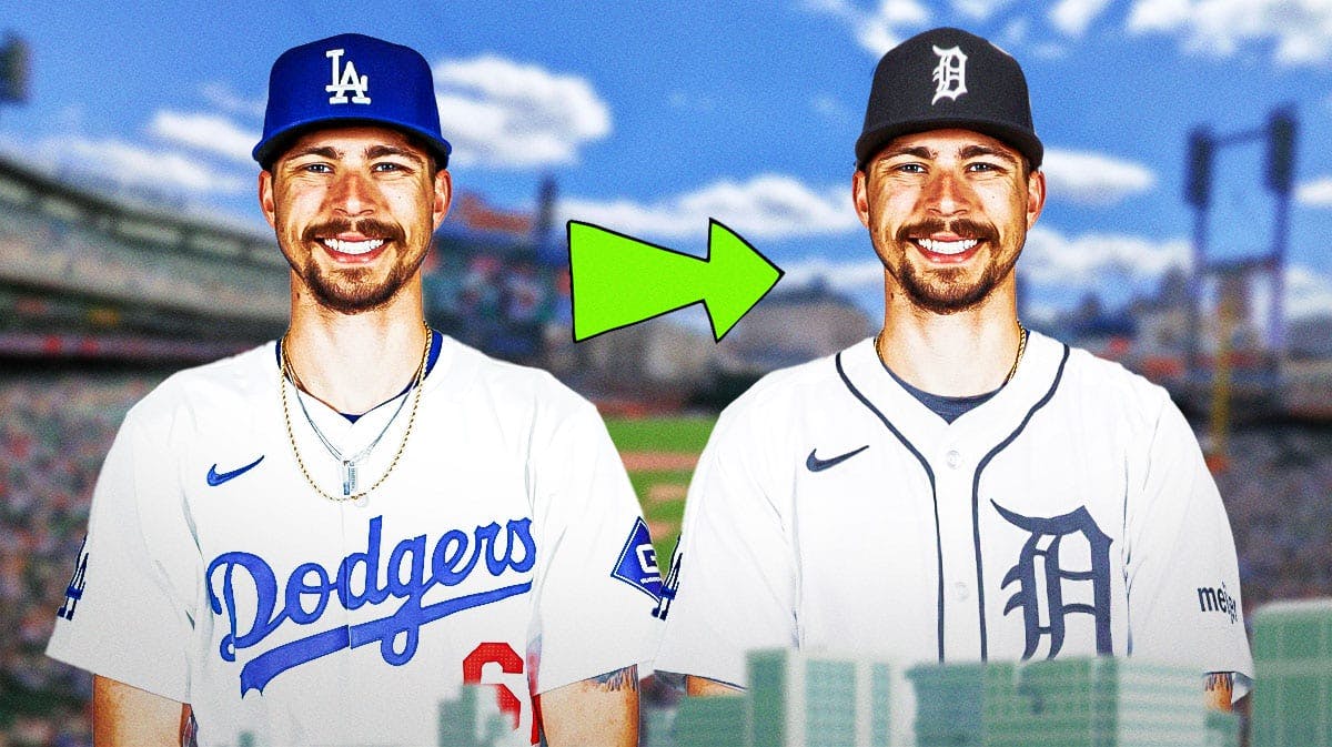 Ricky Vanasco on one side in a Los Angeles Dodgers uniform with an arrow pointing to Ricky Vanasco on the other side in a Detroit Tigers uniform