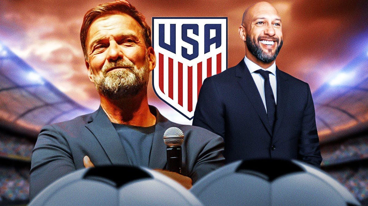Jurgen Klopp next to Tim Howard (in normal clothes, not as a player). United States soccer logo (USMNT) in the middle