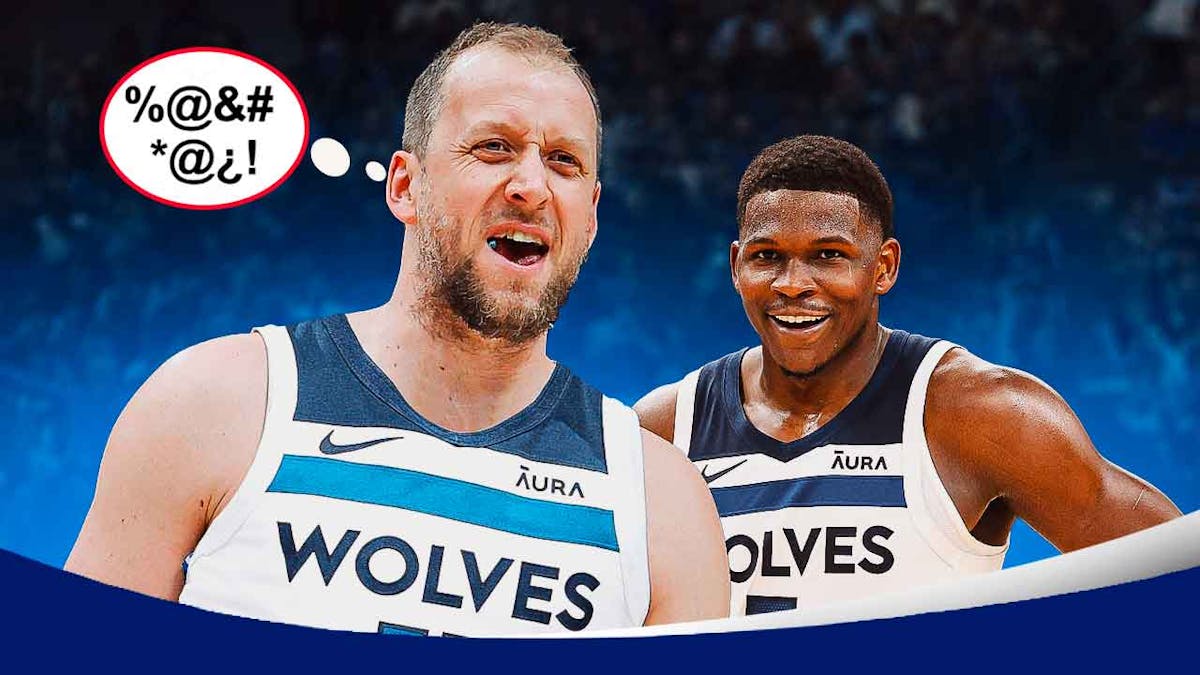 Joe Ingles in a Timberwolves uniform smiling with speech bubble containing grawlix, with Anthony Edwards laughing alongside him