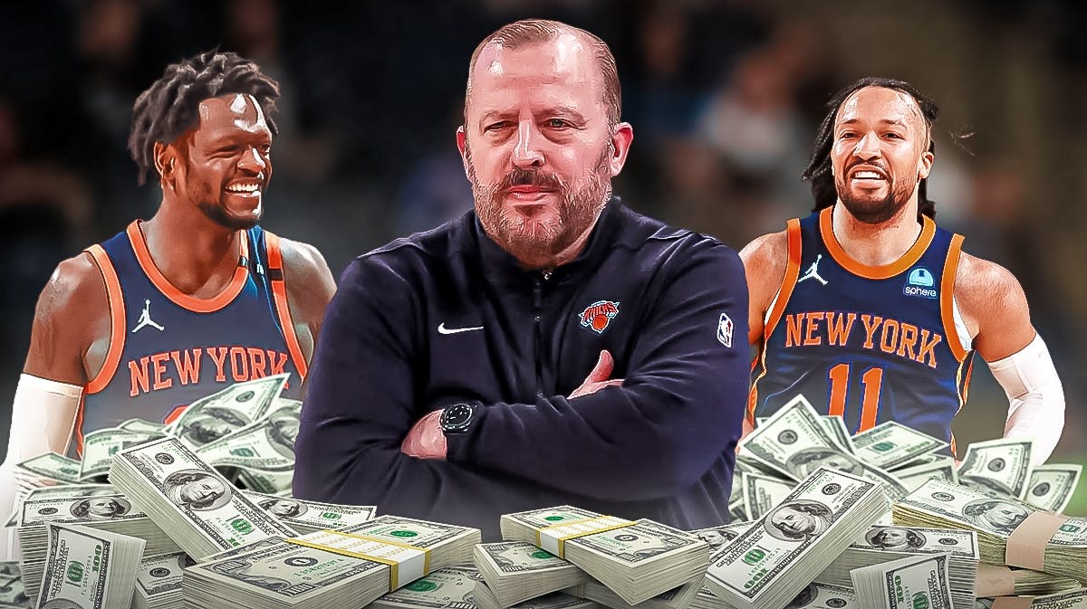 Knicks' Tom Thibodeau with money next to Jalen Brunson and Julius Randle