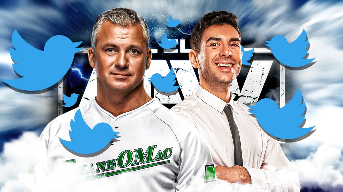 Shane McMahon next to Tony Khan surrounded by Twitter birds with the AEW logo as the background.