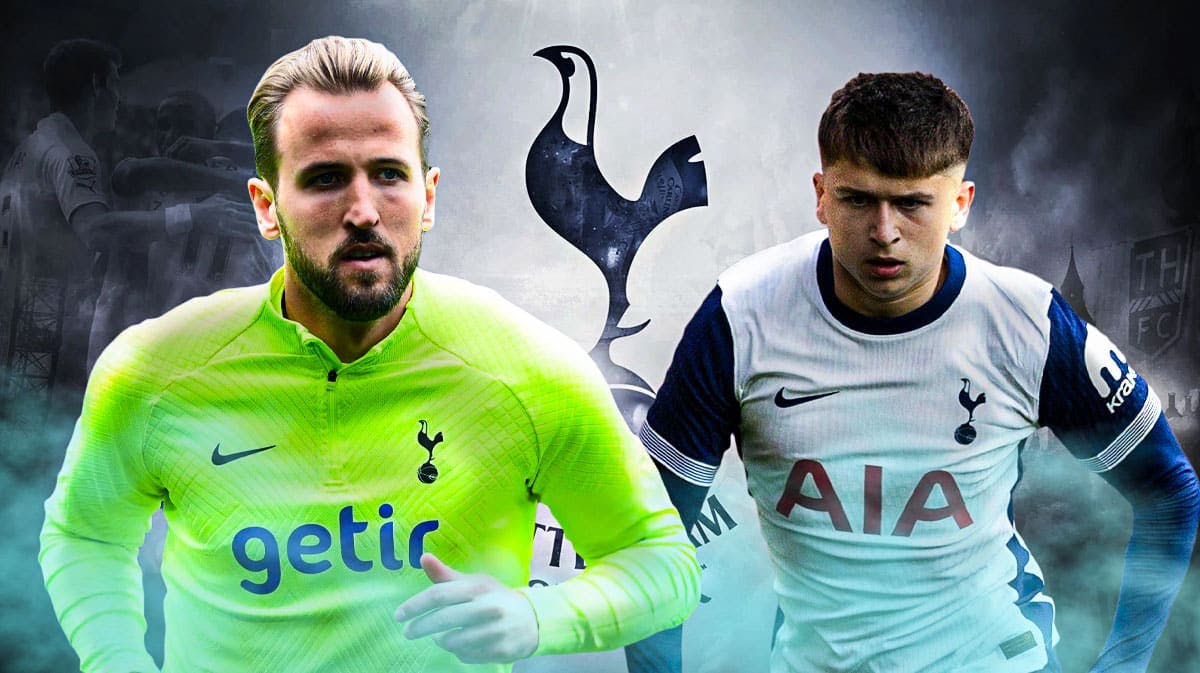 Harry Kane and Mikey Moore in front of the Tottenham logo