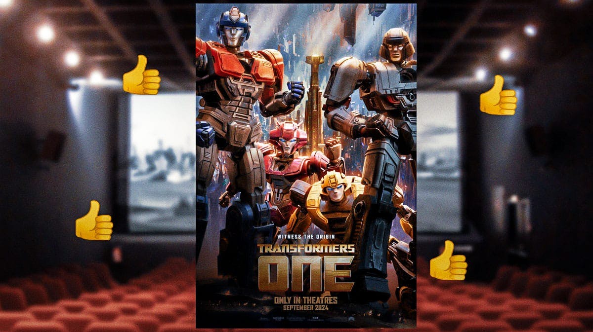 Transformers One movie poster with thumbs up.