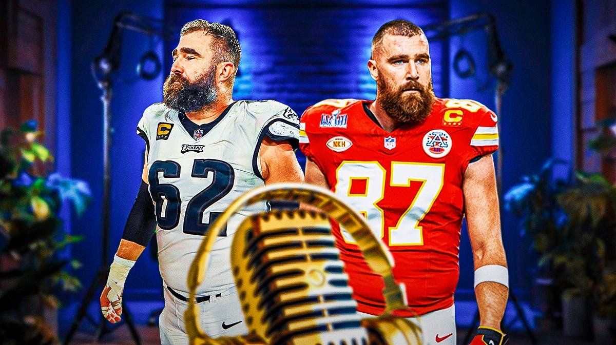 Chiefs' Travis Kelce stands next to Eagles' brother Jason, New Heights Podcast logo in front