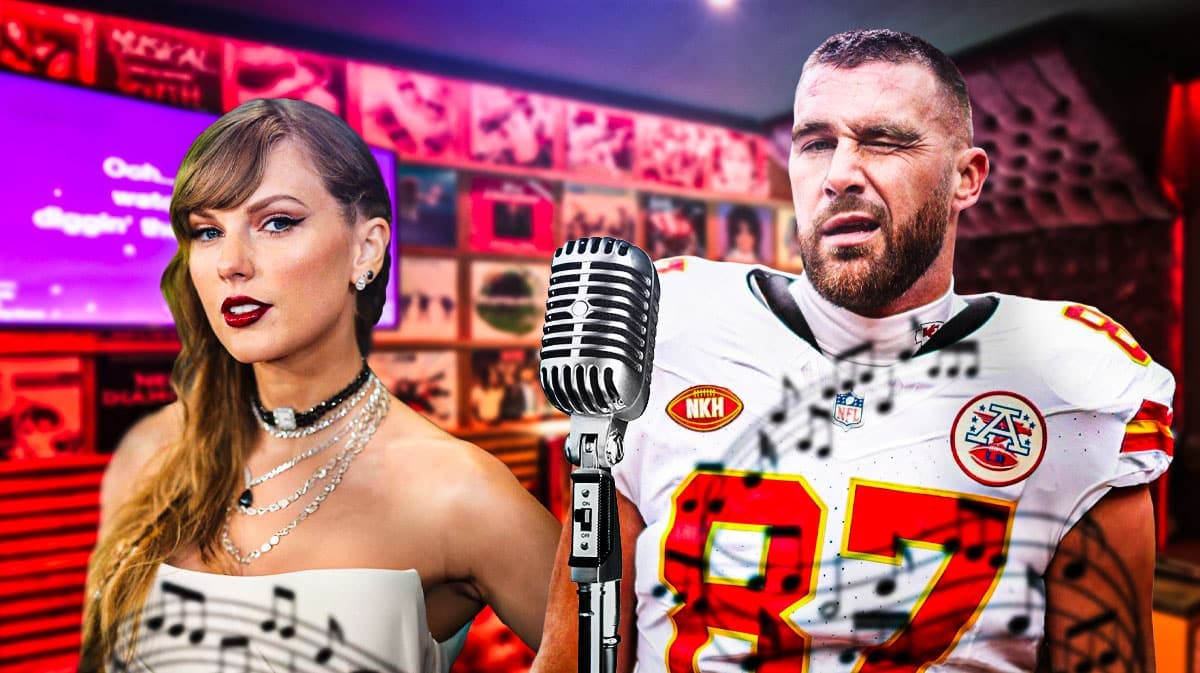 Taylor Swift and Travis Kelce with karaoke microphone.