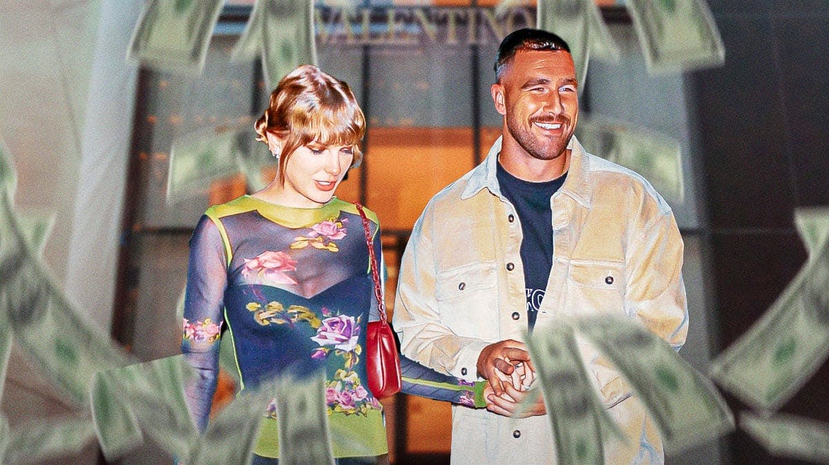 Taylor Swift and Travis Kelce with money around them and Valentino store behind them.