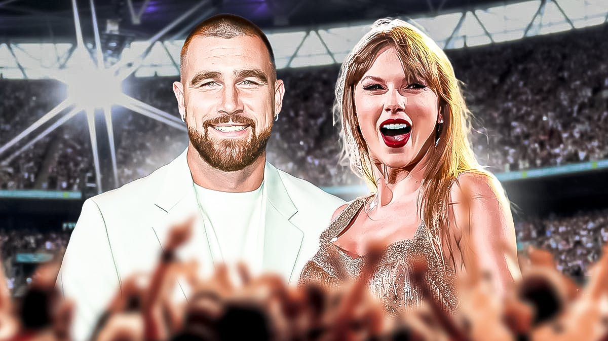 Travis Kelce and Taylor Swift on concert stage