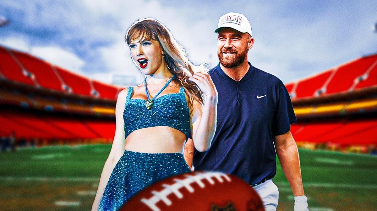 Taylor Swift and Travis Kelce with Kansas City Chiefs stadium background.