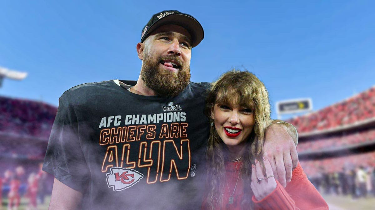 Travis Kelce and Taylor Swift with Arrowhead Stadium (home of the Kansas City Chiefs) in background.