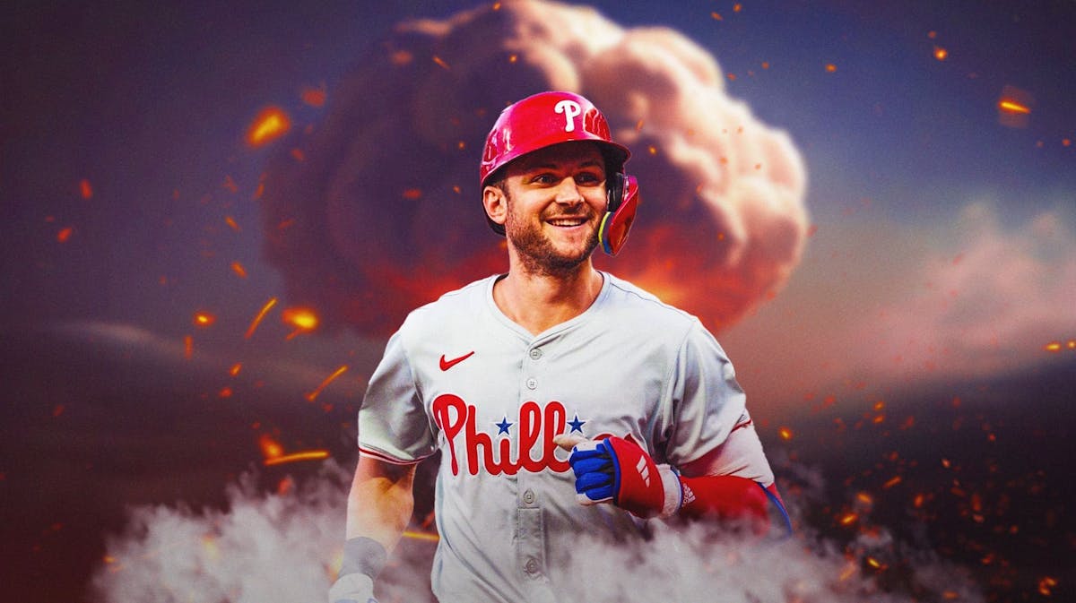 Trea Turner in a Philadelphia Phillies uniform with a mushroom cloud explosion behind him.