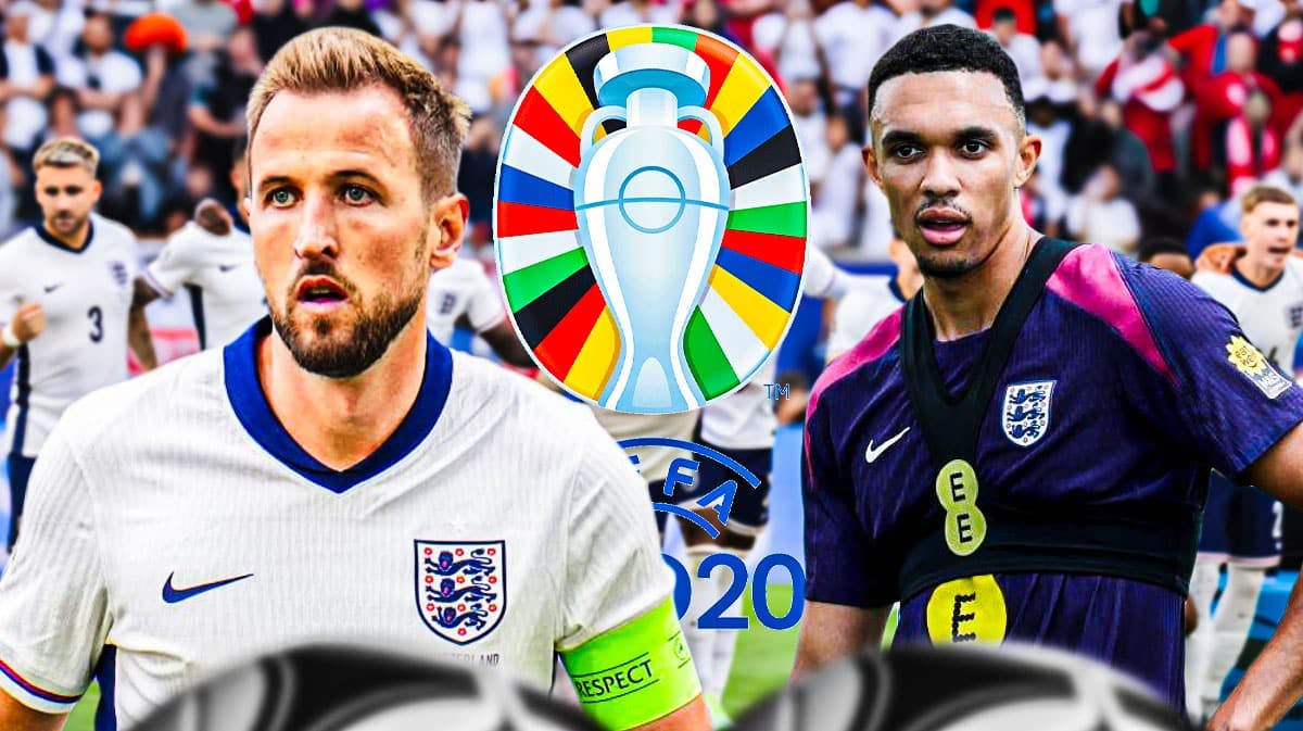 Trent Alexander-Arnold and Harry Kane in front of the England team and Euro 2024 logos