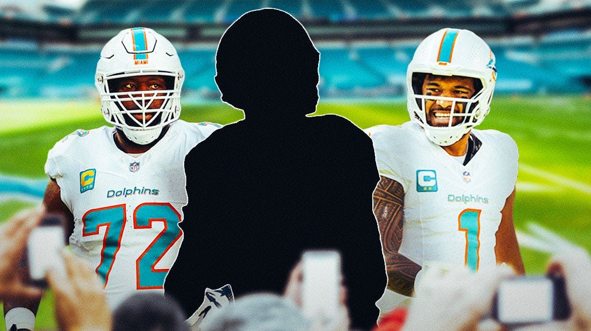 Miami Dolphins stars Tua Tagovailoa and Terron Armstead in between a silhouetted Drew Brees in front of Hard Rock Stadium.