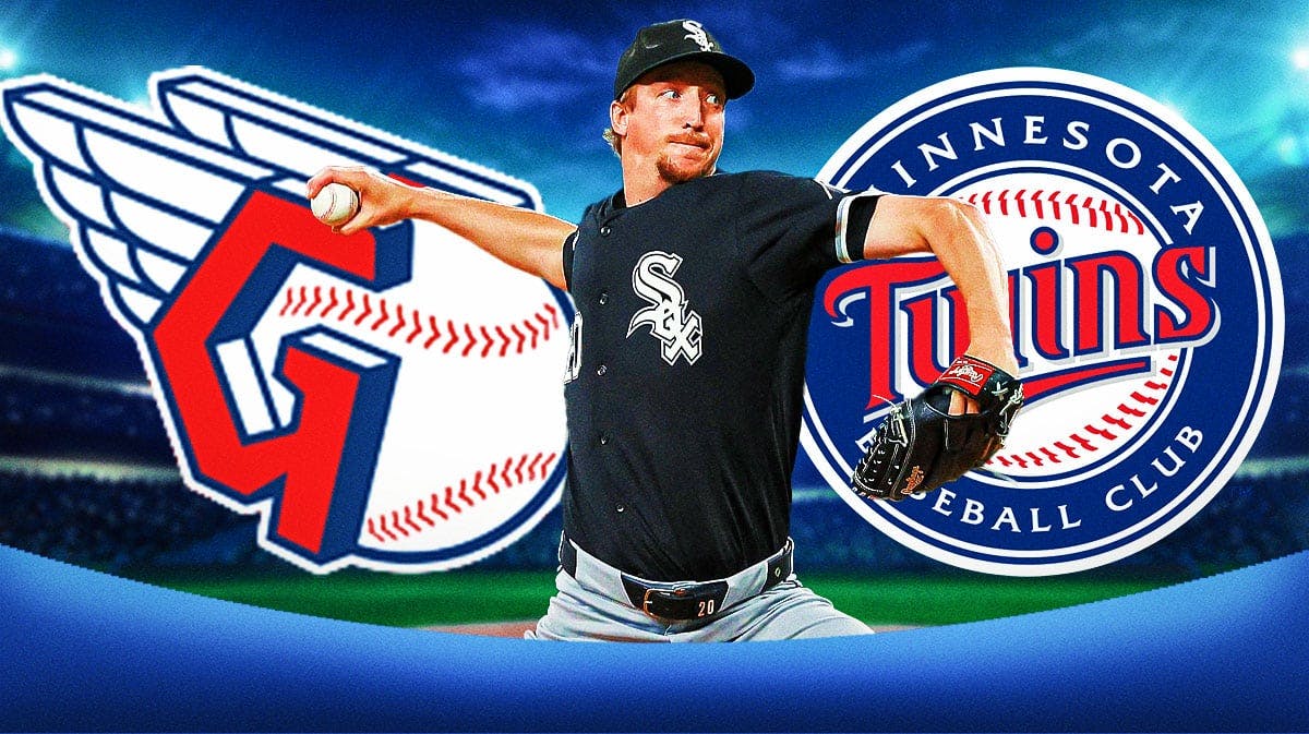 Chicago White Sox pitcher Erick Fedde in between Cleveland Guardians and Minnesota Twins logos