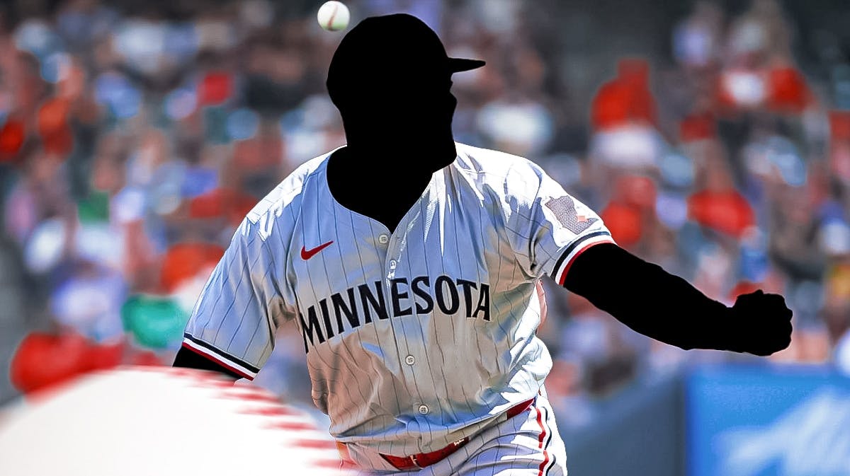 Yusei Kikuchi pitching in a Minnesota Twins uniform but his face is blanked out so we can't recognize him. Basically a silhouette wearing a Twins uniform as the Twins want to add Yusei Kikuchi at the MLB trade deadline.