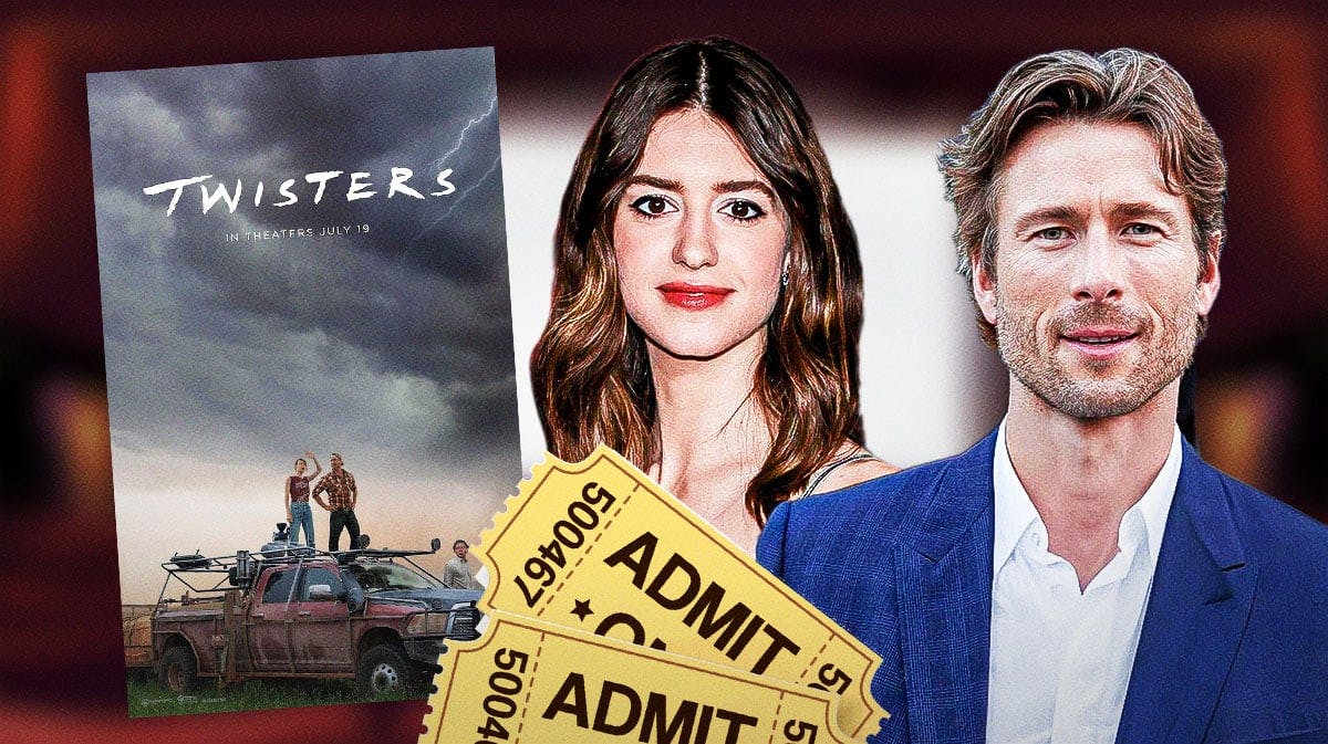 Twisters movie poster with movie tickets to represent box office, movie theater background, and Daisy Edgar-Jones and Glen Powell.