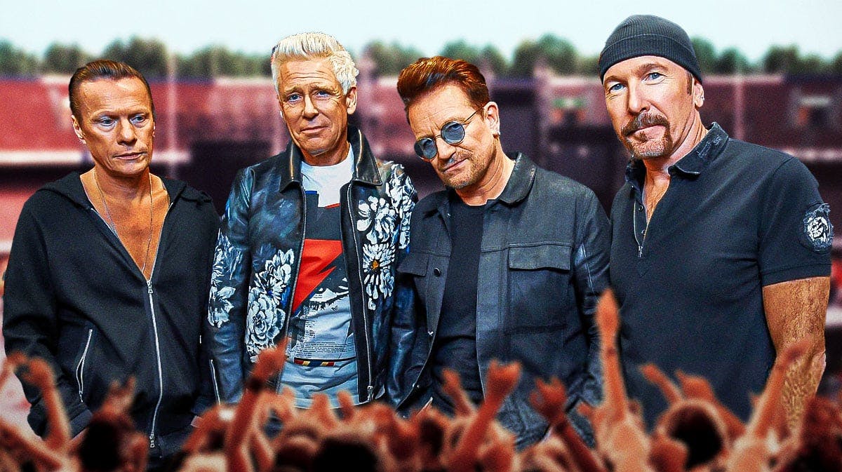 U2 members Larry Mullen Jr., Adam Clayton, Bono, and the Edge with ZooTV Tour stage background.