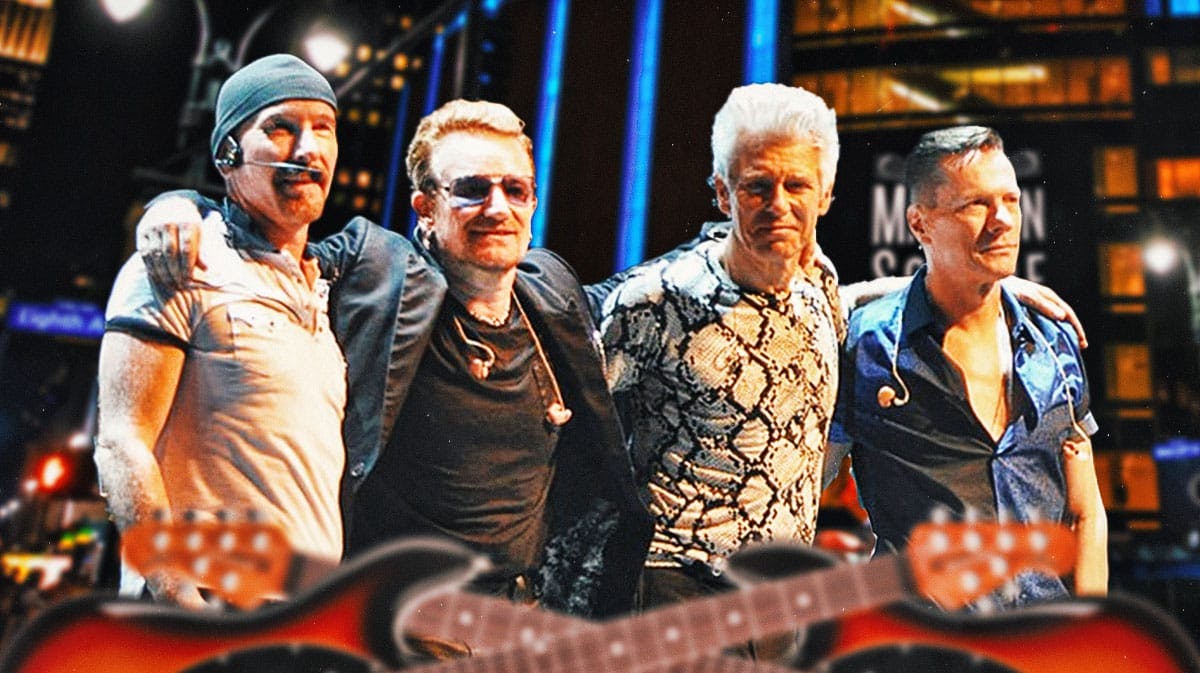 U2 members The Edge, Bono, Adam Clayton, and Larry Mullen Jr on the Innocence + Experience tour in 2015 with Madison Square Garden background.
