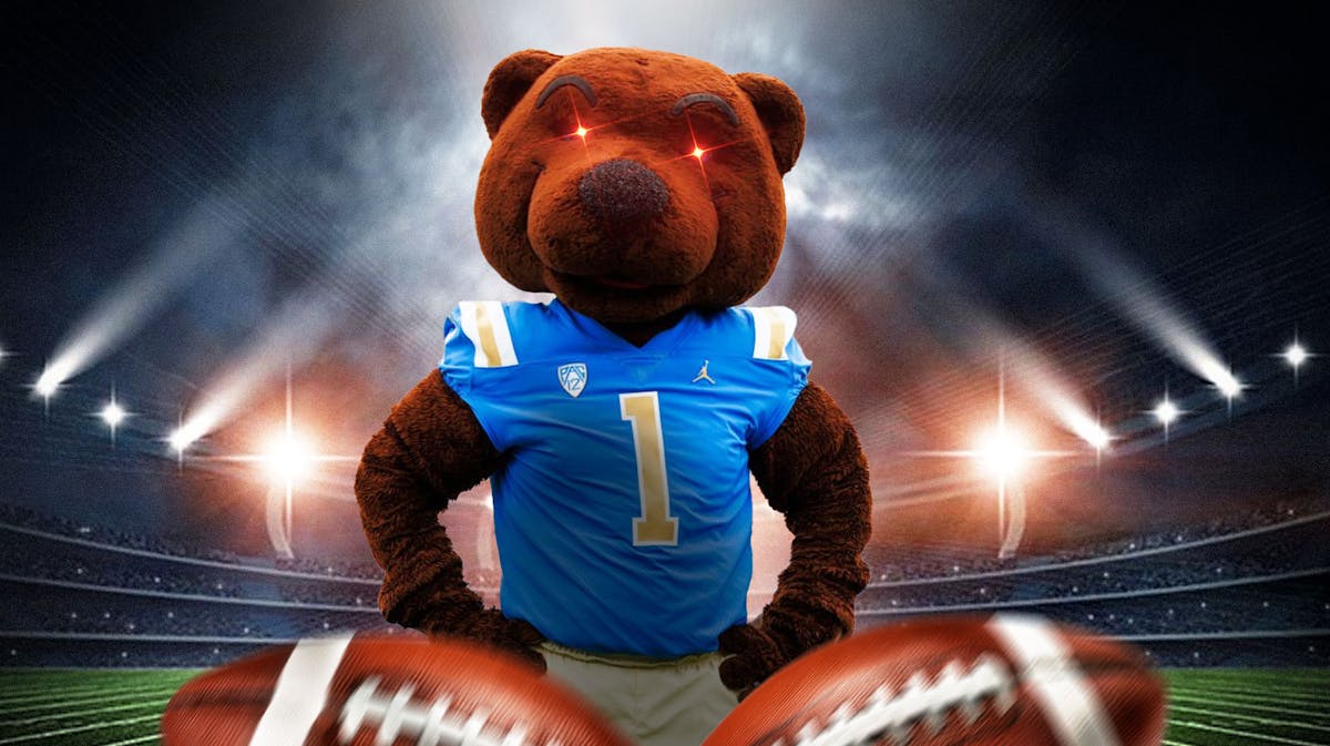 UCLA BRUINS MASCOT (in UCLA football attire) with laser eyes