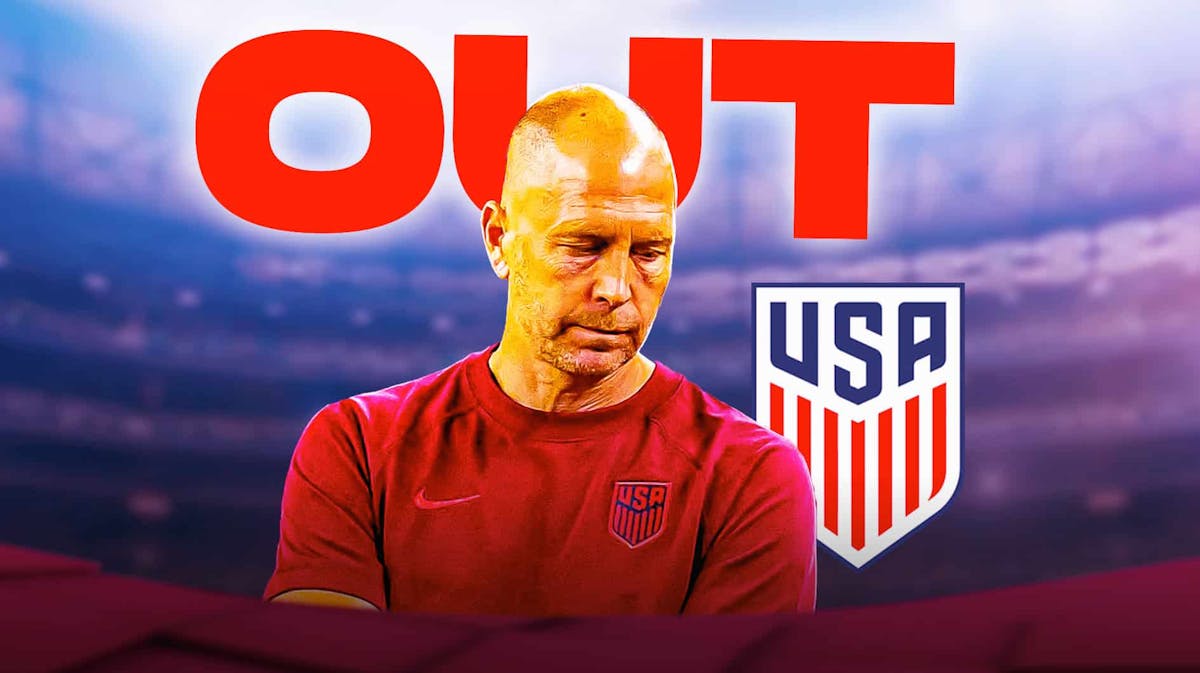 Gregg Berhalter looking disappointed "OUT" in the background with USMNT logo.
