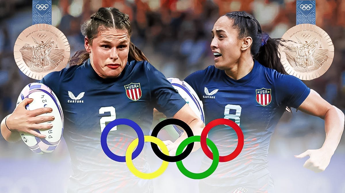 U.S.A. Women's rugby players Ilona Maher and Alex Sedrick, in their Team USA uniforms, with bronze medals and the Olympic rings