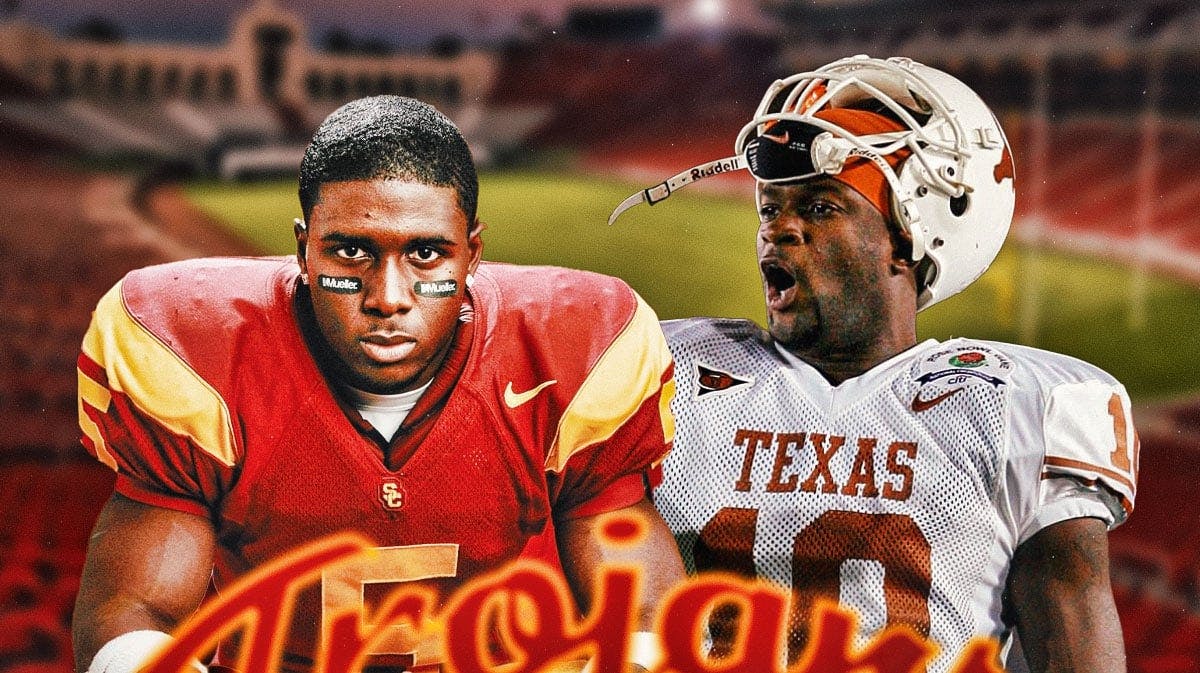 USC Football star Reggie Bush and Texas football star Vince Young in front of LA Memorial Coliseum.