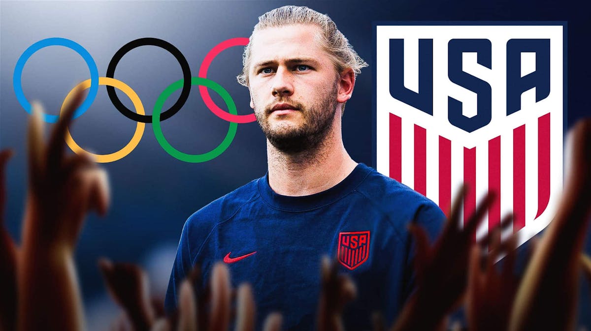 Walker Zimmerman in front of the Olympics and USMNT logos