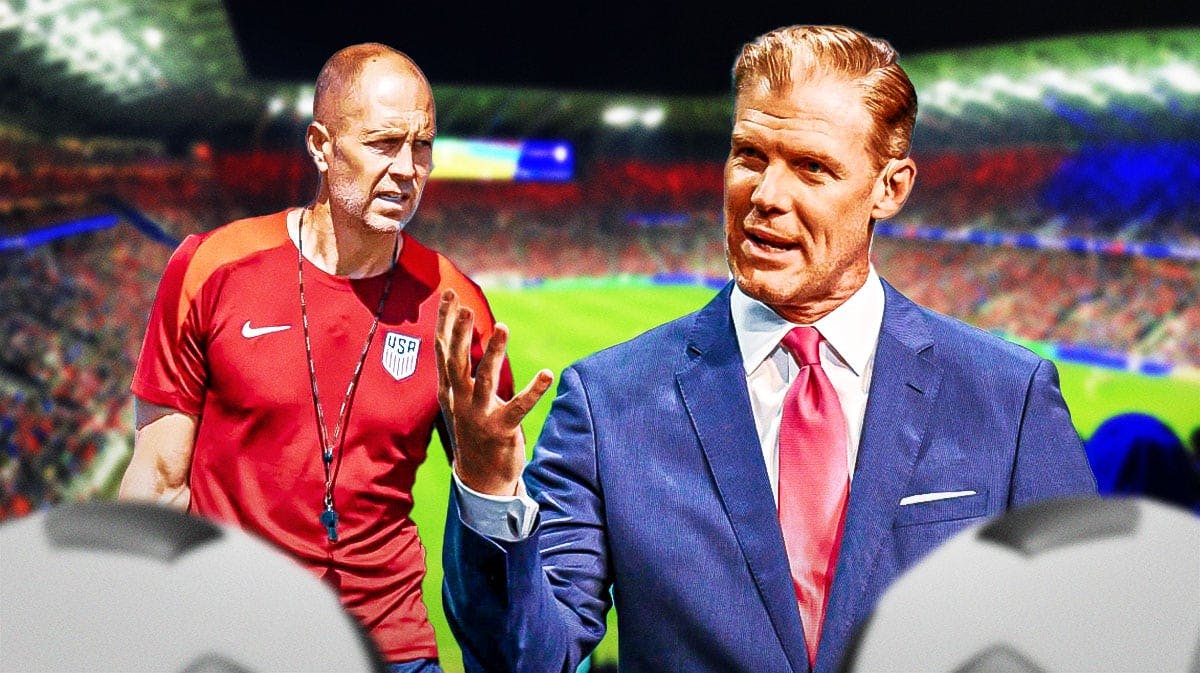 Alexi Lalas (in a suit) looking mad or yelling at USMNT coach Gregg Berhalter